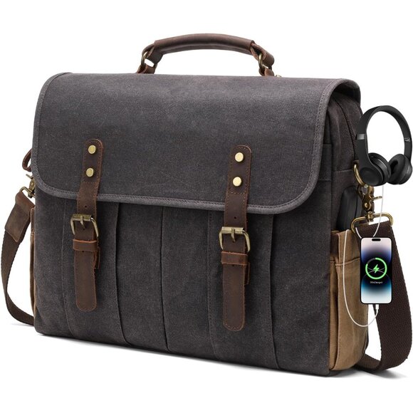 Vintage Mens Messenger Bag 15.6 inches Waterproof Genuine Leather Waxed Canvas S